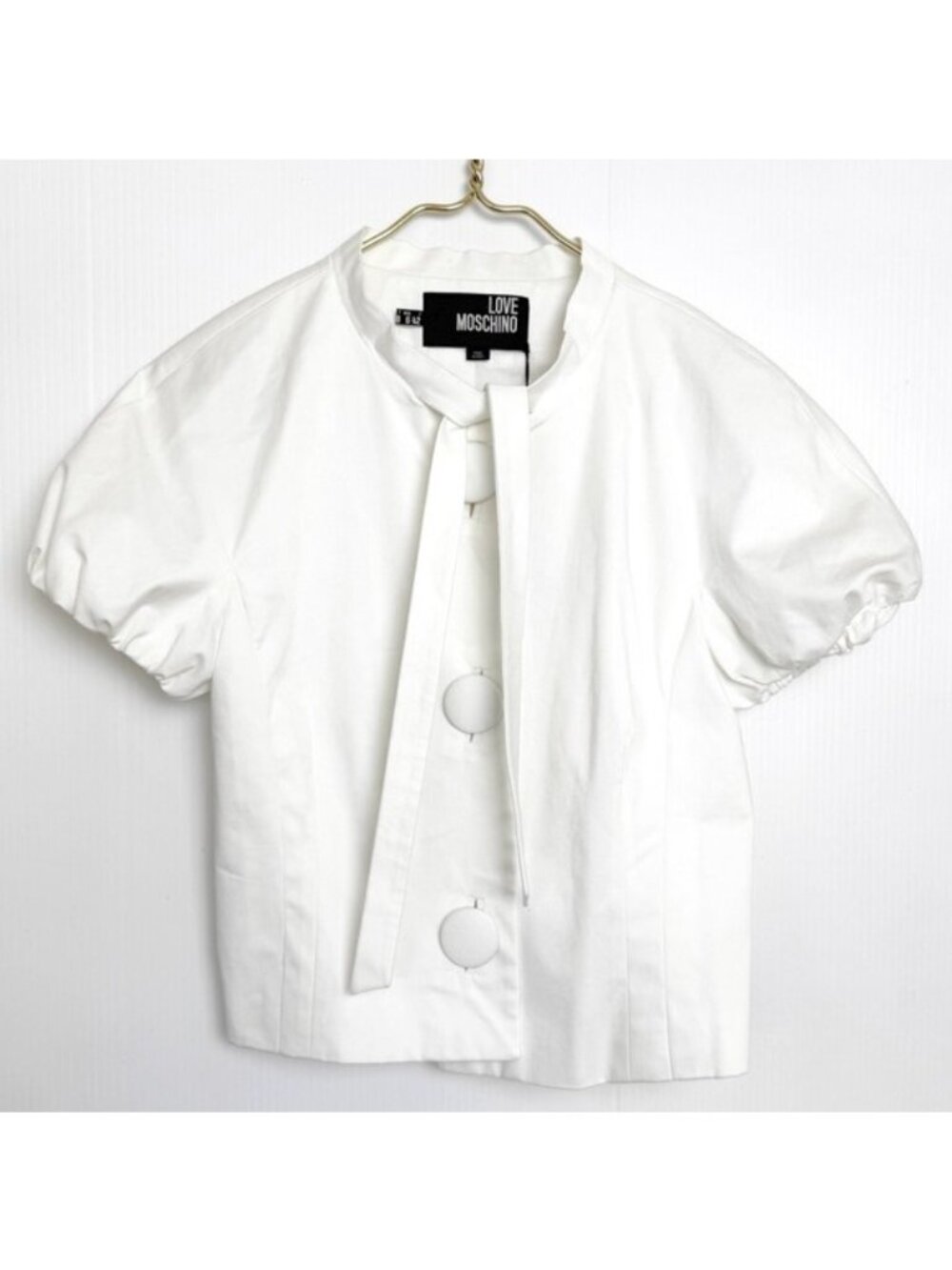 LOVE MOSCHINO white blouse stand-up collar Puffed short sleeves tree buttons 6